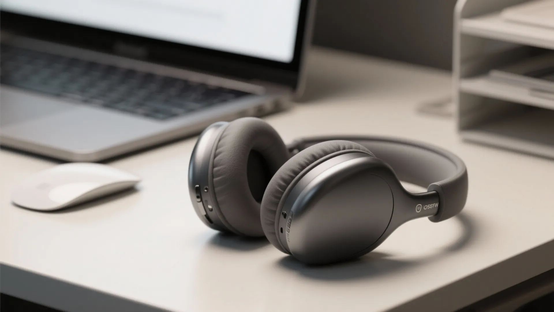 Silver over ear headphones sitting on a white desk next to a laptop and mouse