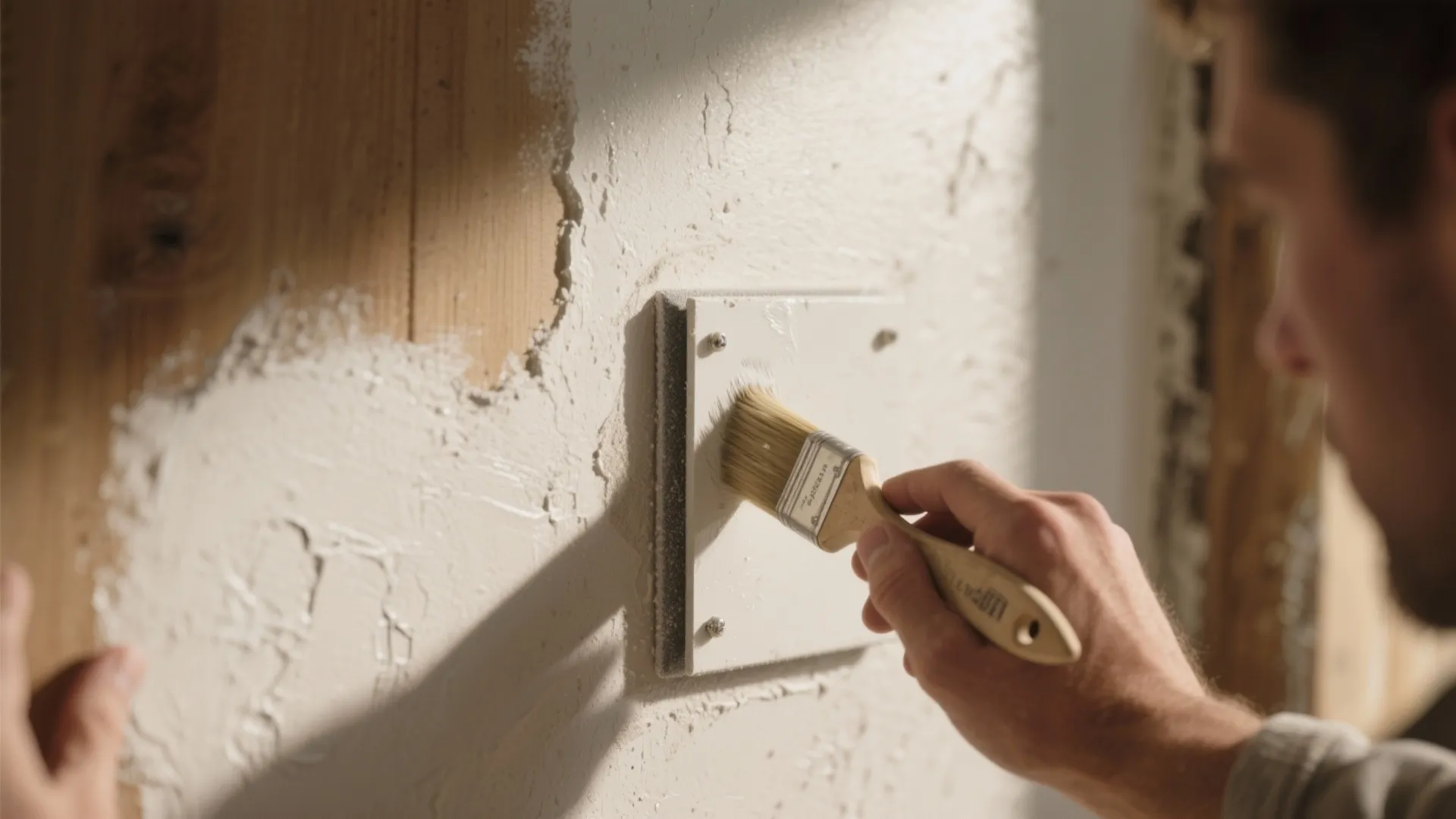Person using a brush to apply white paint on a small wall panel over wood