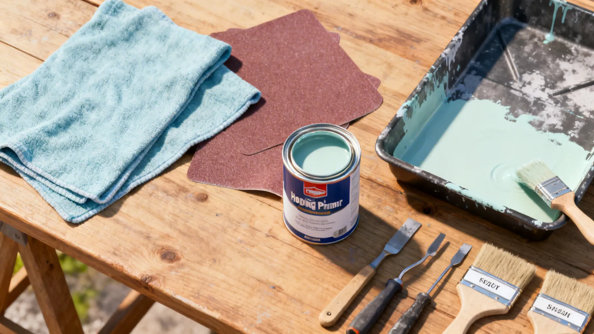 Home painting supplies with light green paint can sandpaper brushes and tray on wooden table