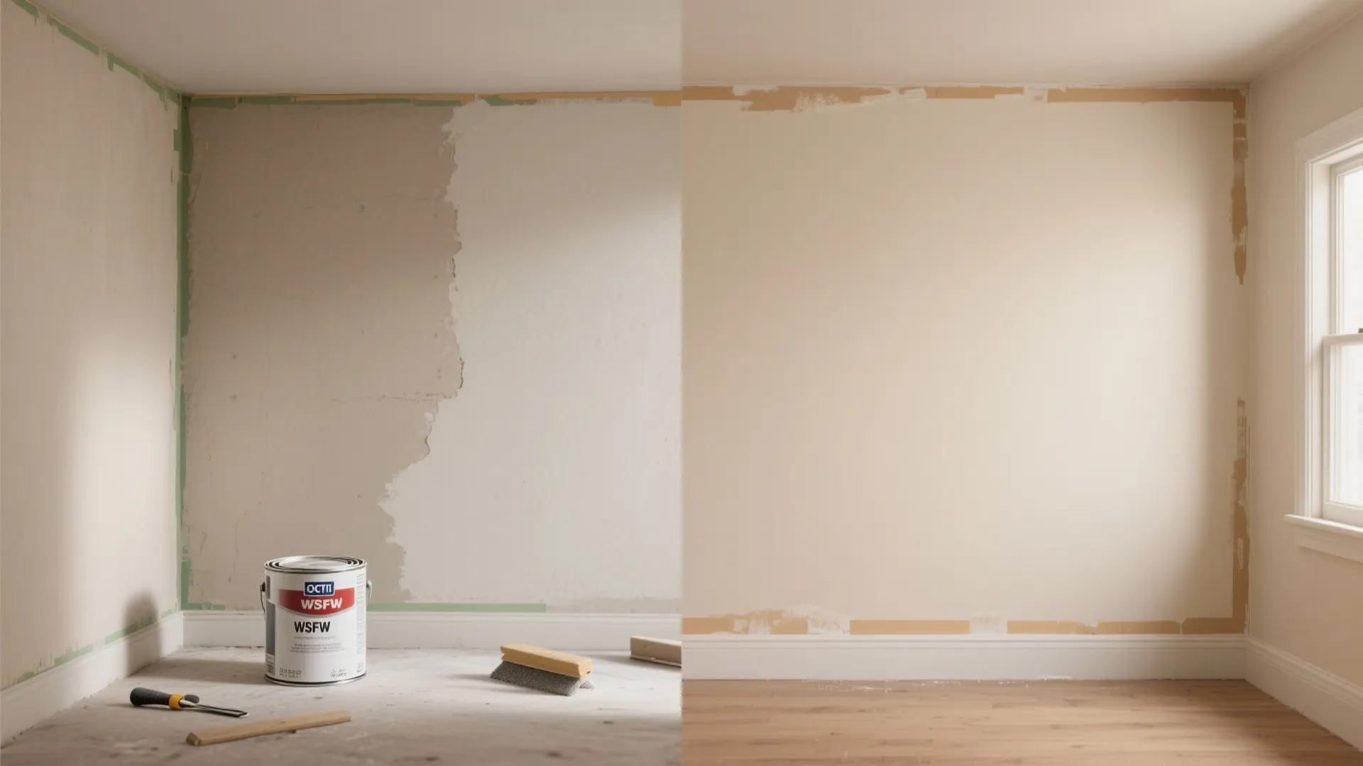 Before-and-after comparison of a damaged wall being repaired and painted in a clean living room