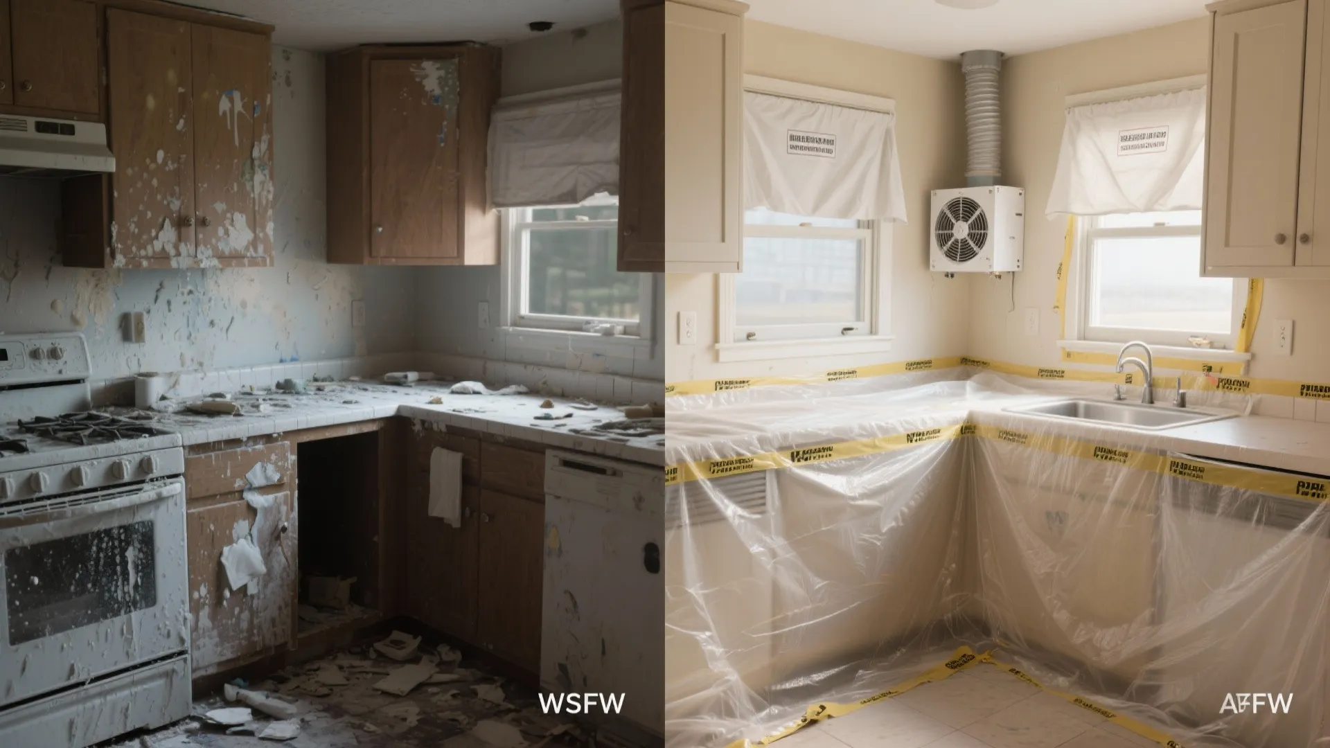 Before and after comparison of a messy old kitchen and a clean renovated kitchen area