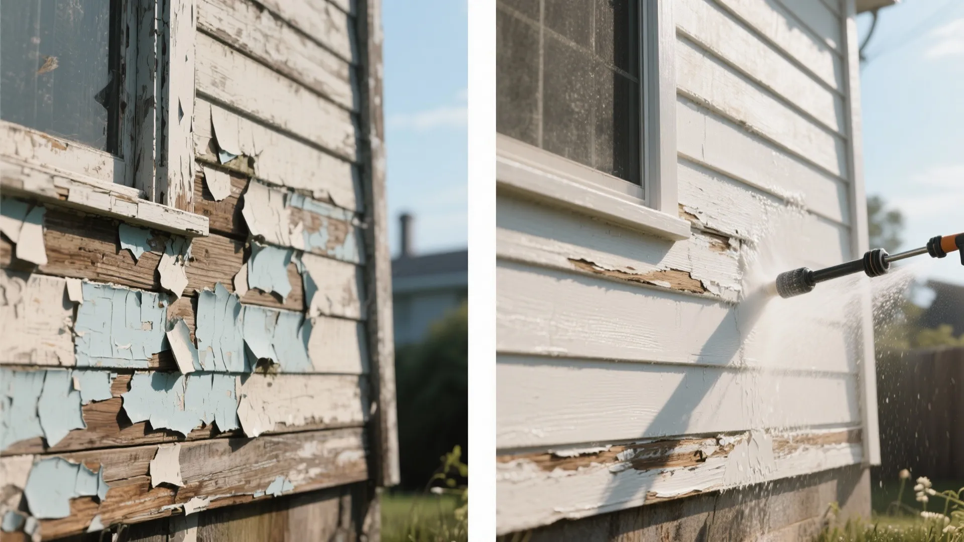 Split before-and-after showing flaking paint and rotten board vs. cleaned, repaired and primed surface.
