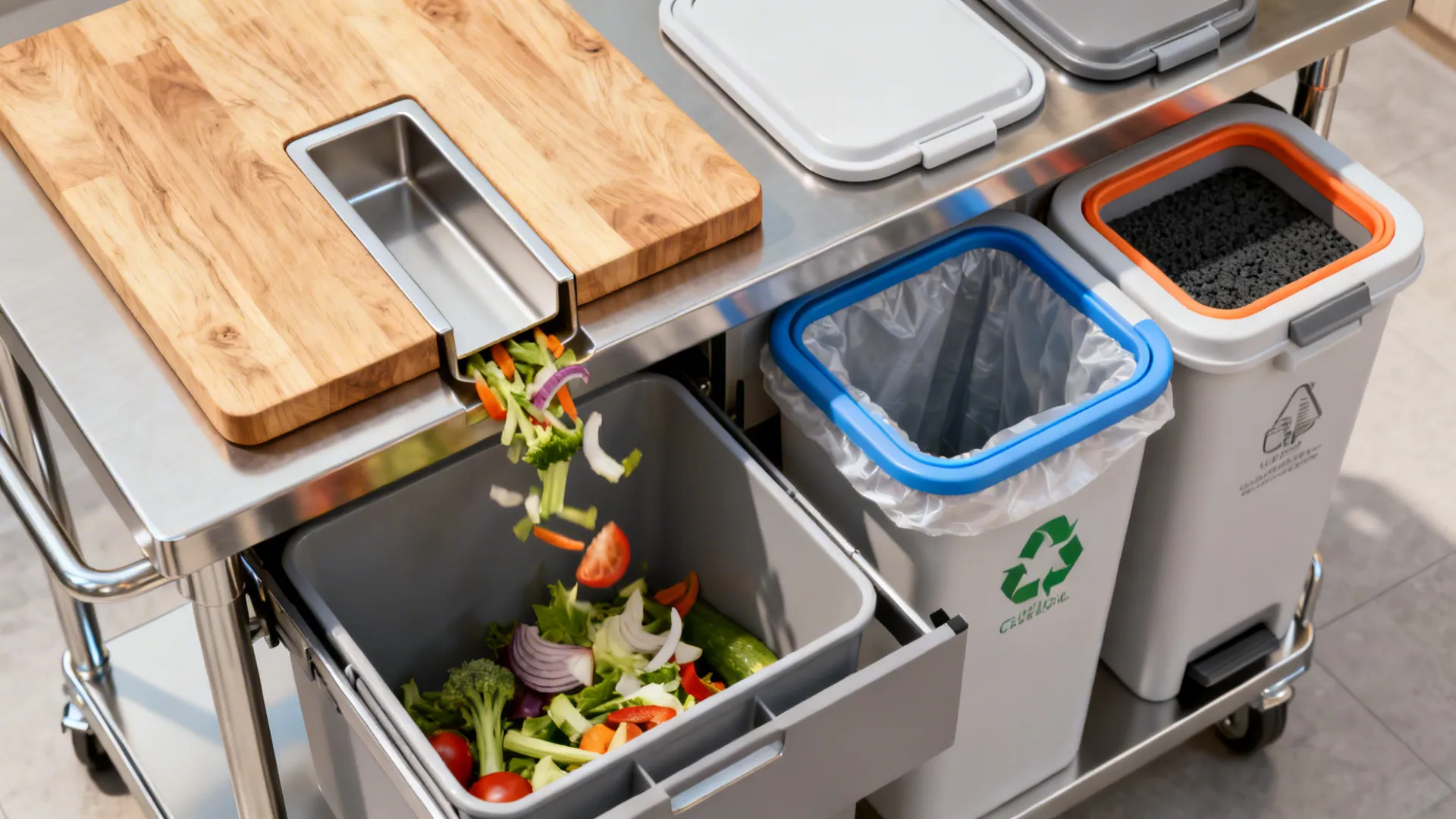 3) Integrated Waste Sorting and Prep Bin (with Cutting-Board Chute)