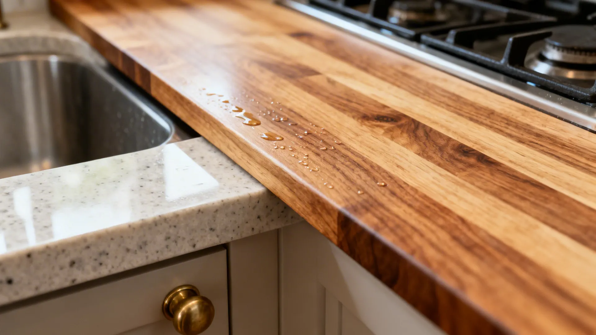Macro of a butcher-block prep bridge between sink and cooktop with clean sealed texture.