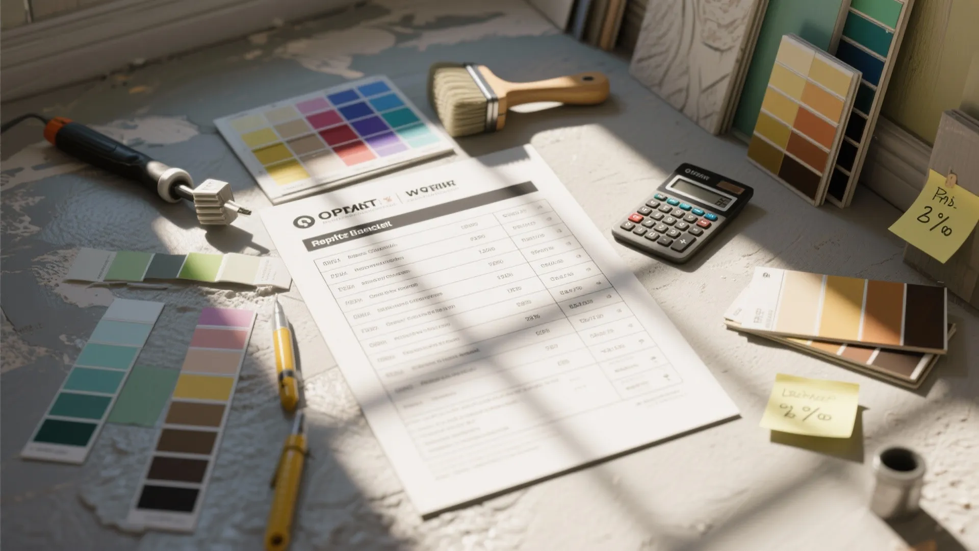 Workspace with color swatches, calculator, budget paper, paintbrush, and tools on a desk in sunlight