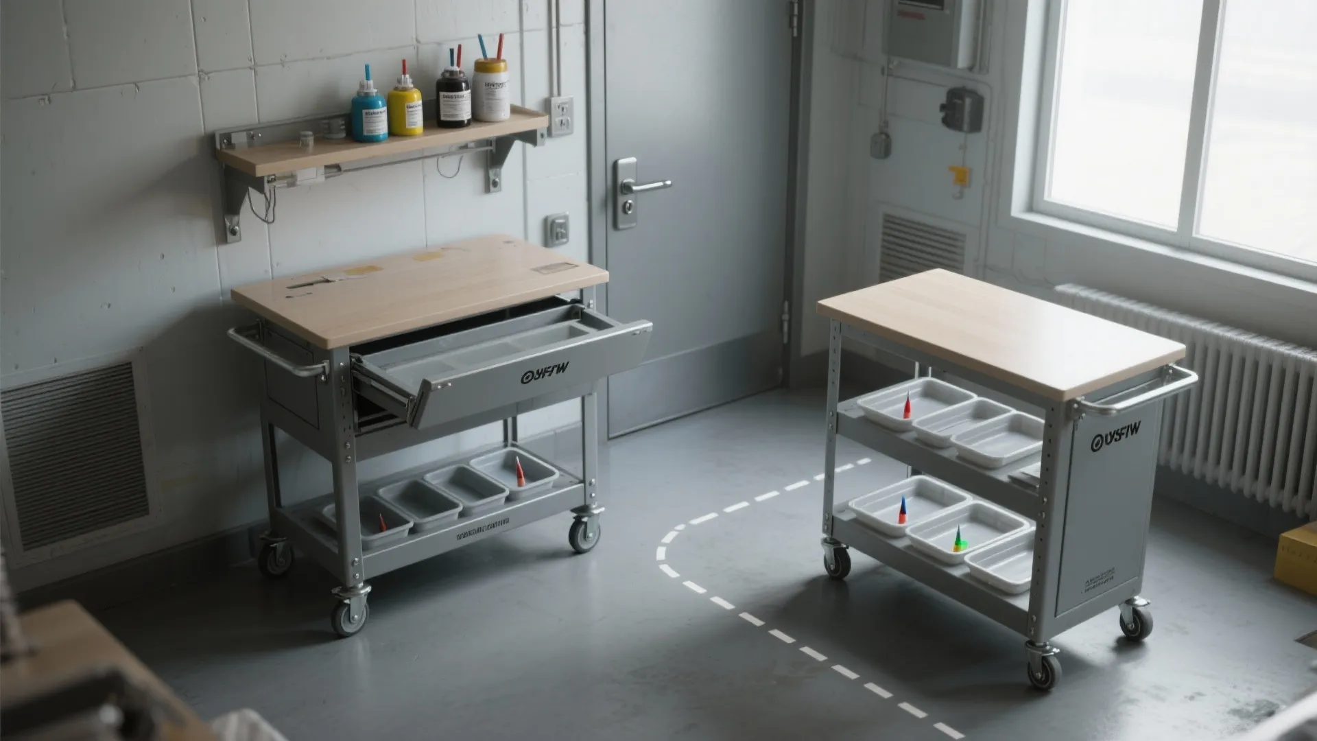 Two gray mobile storage carts with wood tops and plastic trays in a bright area