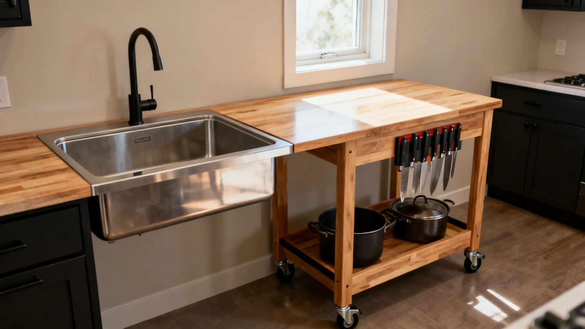 Slim sink and butcher-block prep cart on casters forming a continuous work area in a 5x7 kitchen.