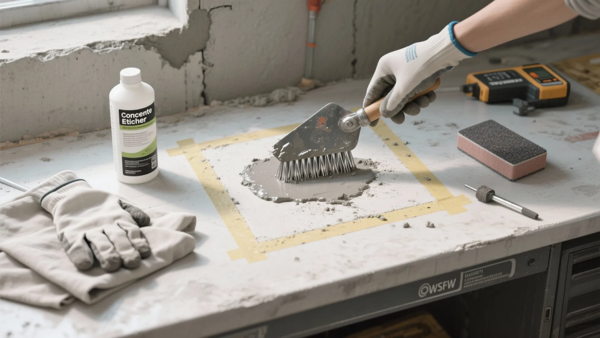 Hand wearing safety glove using a metal brush tool to mix grey cement on table