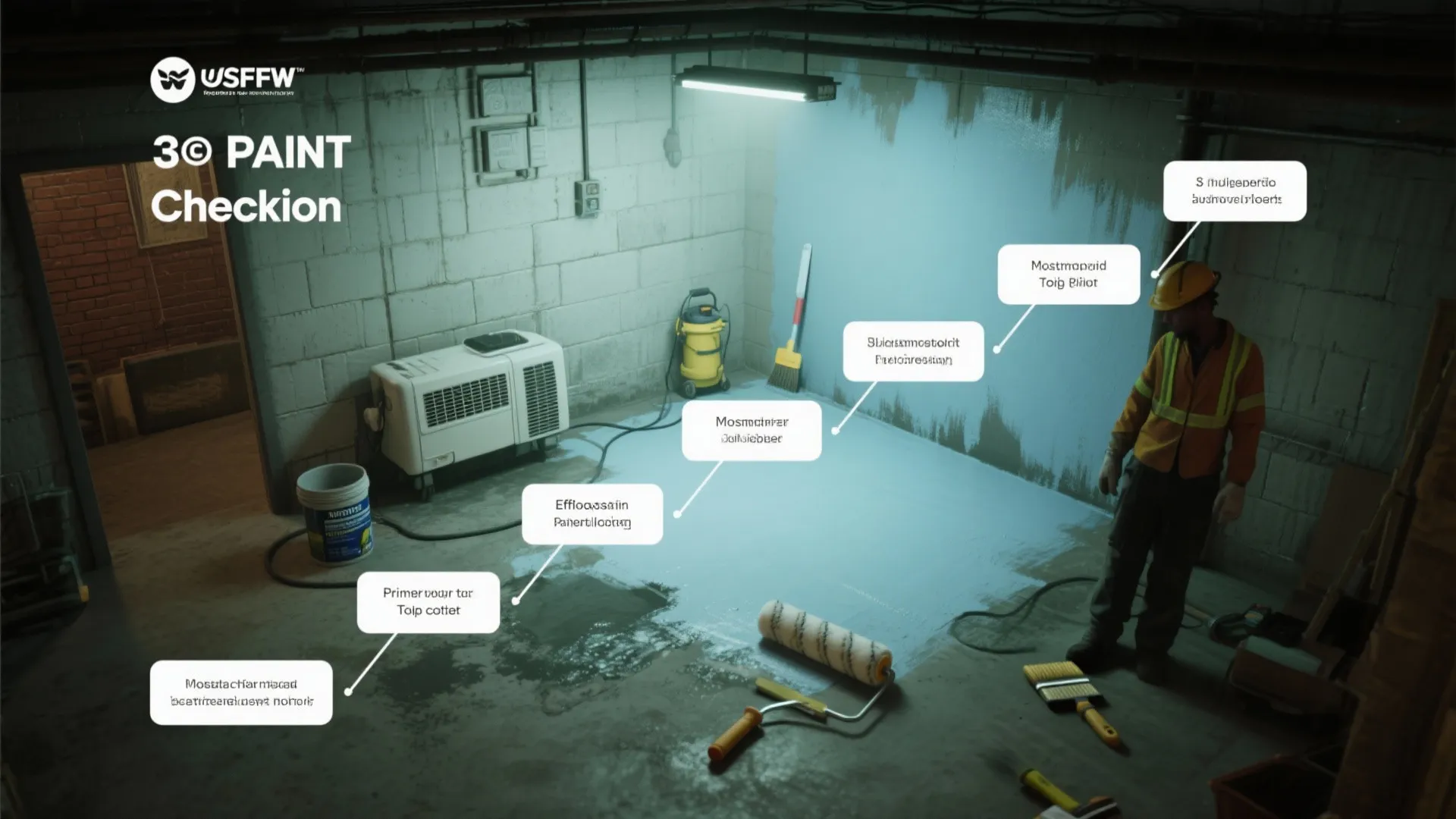 Top-down checklist layout showing basement prep steps: moisture control, cleaning, primer, and painting tools.