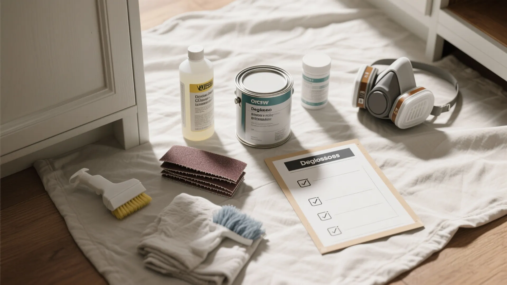 Diy preparation checklist on cloth with paint can sandpaper cleaning brushes and safety face mask