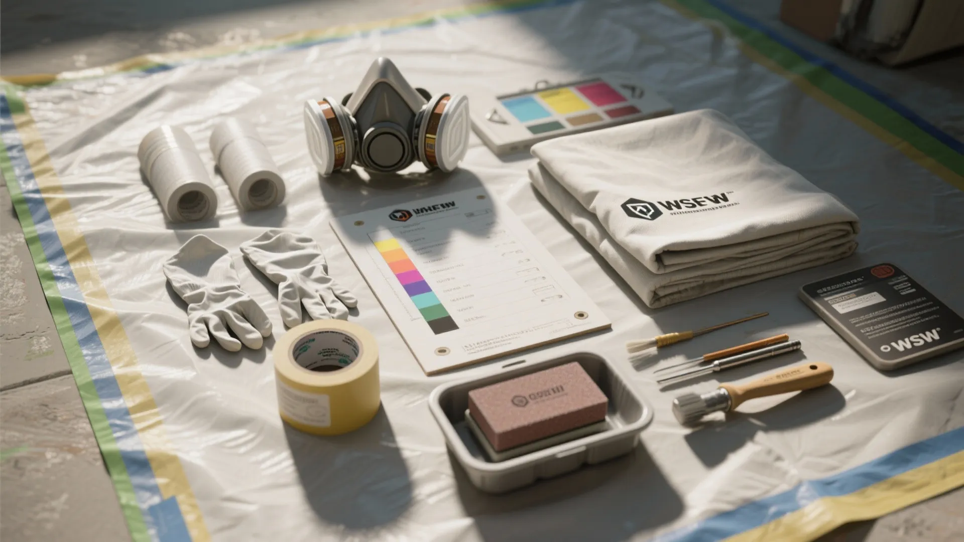 Renovation preparation supplies including a mask gloves tape and a checklist on a plastic sheet