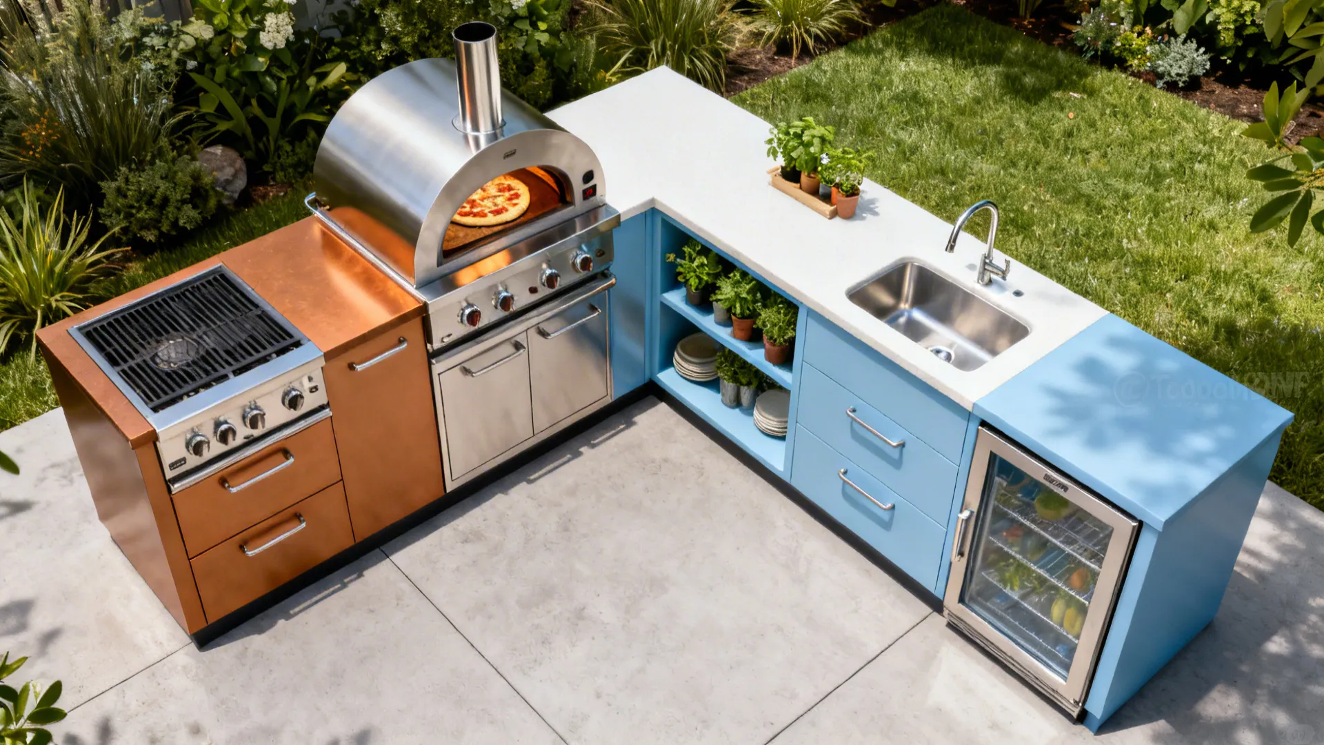 Modern blue outdoor kitchen with pizza oven gas grill sink and small fridge on sunny patio