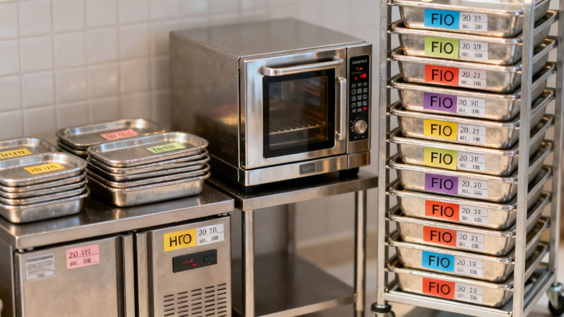 Macro view of labeled hotel pans in a lowboy, a compact combi oven, and a tidy speed rack.