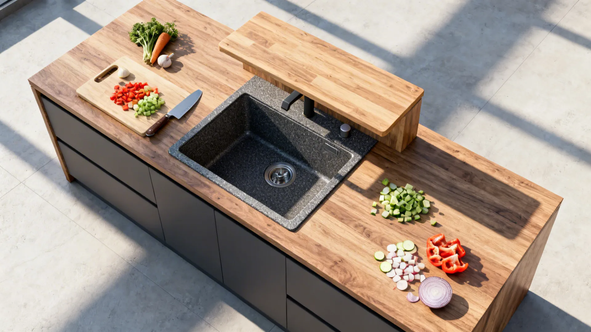 Top-down view of a prep island with integrated sink and removable cutting board.