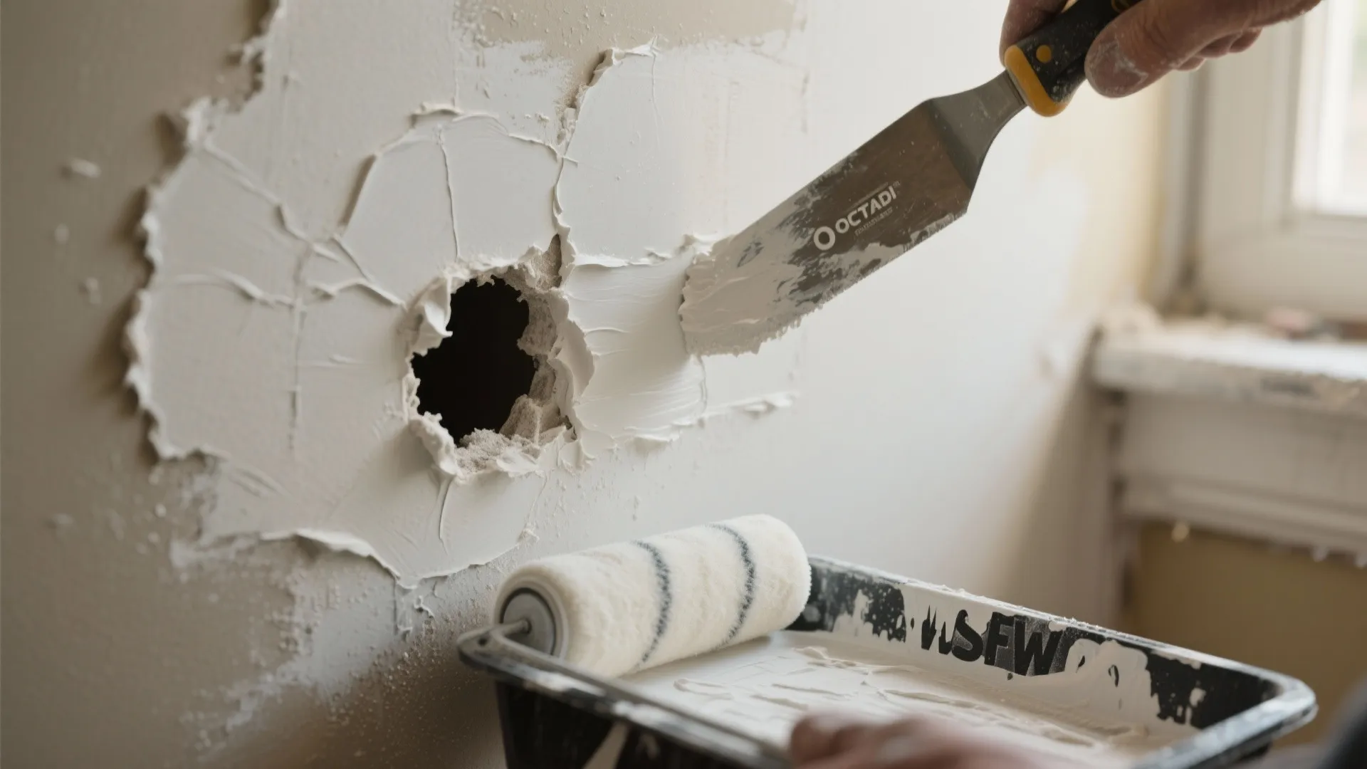 Close up showing person using metal tool to repair hole in wall with white plaster