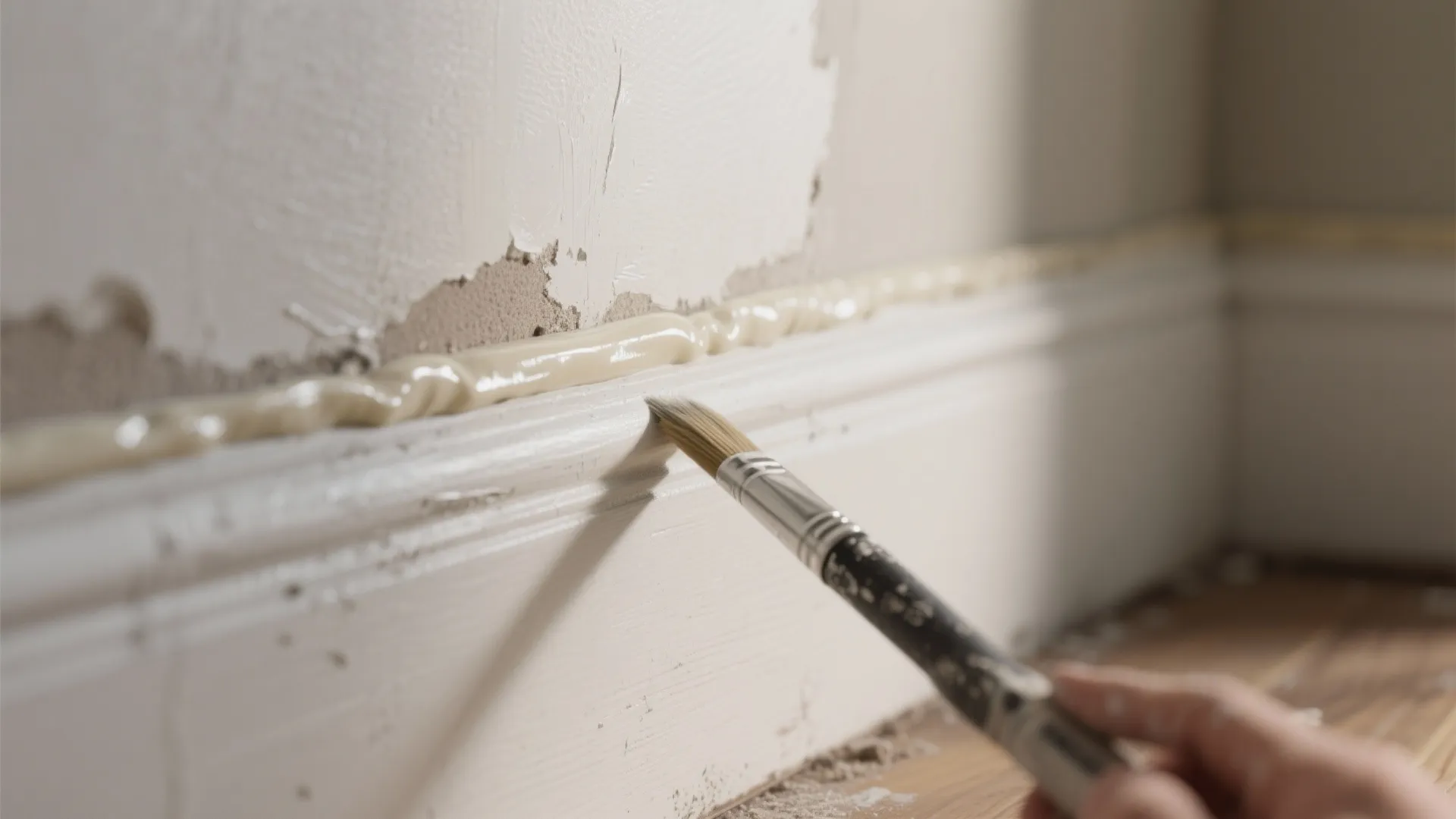 Close up view of hand using a small brush to apply glue on white wall panel
