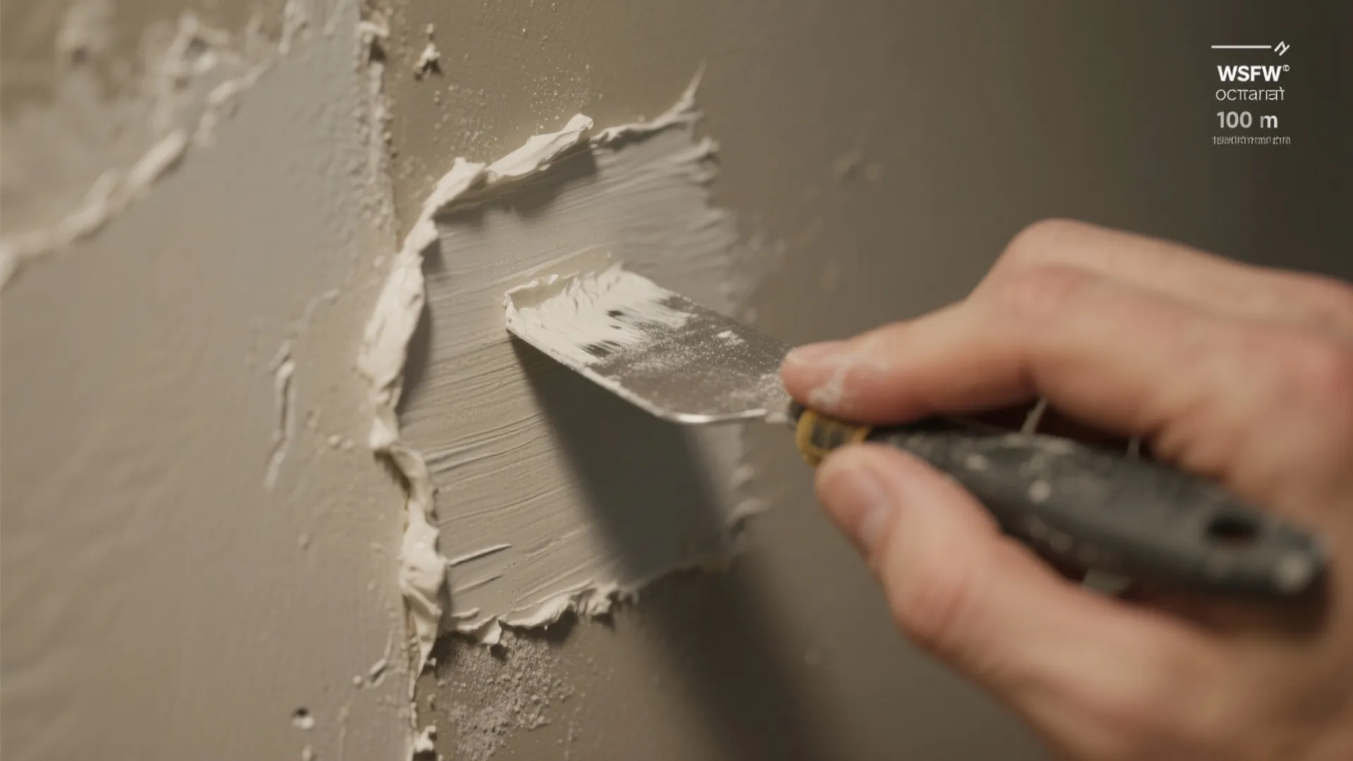 Hand using a metal tool to apply white wall filler onto a grey interior wall
