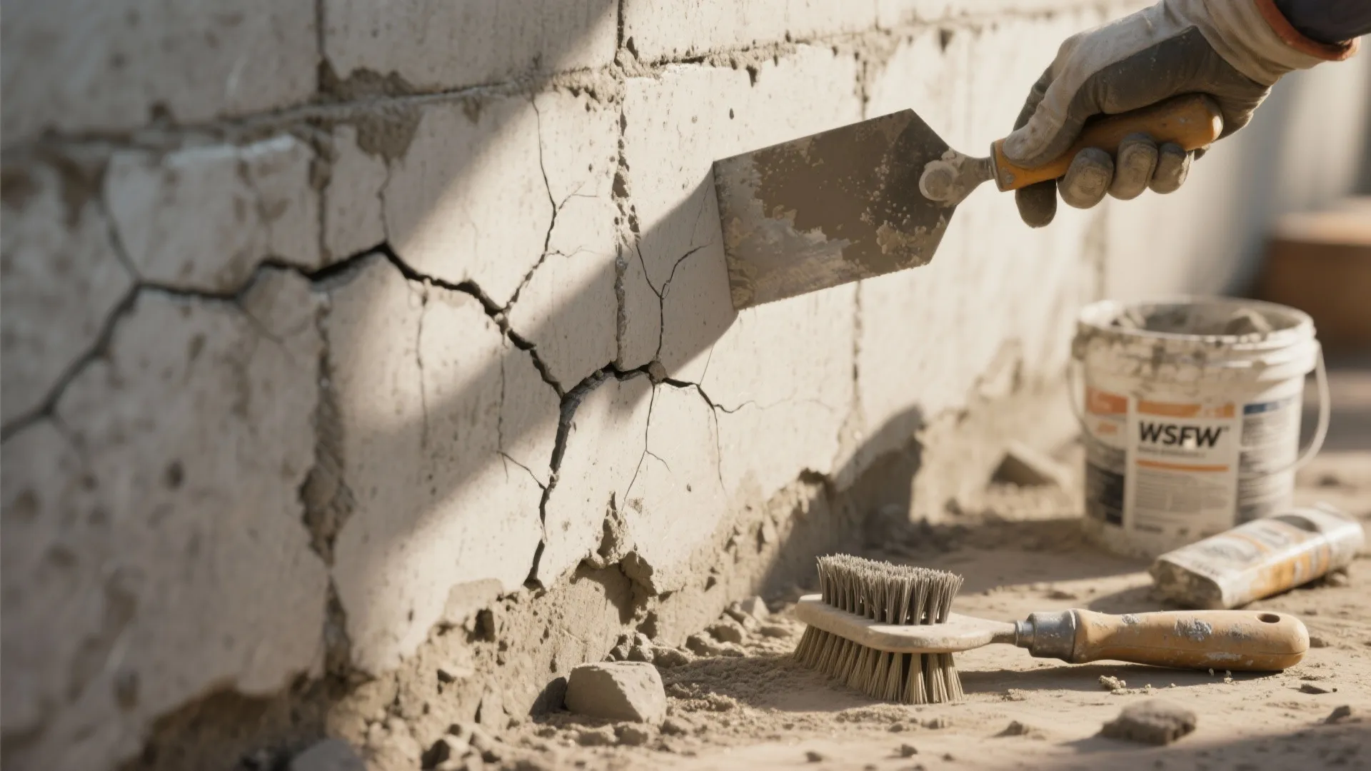 Hand using a metal tool to repair deep cracks on a white exterior house concrete wall