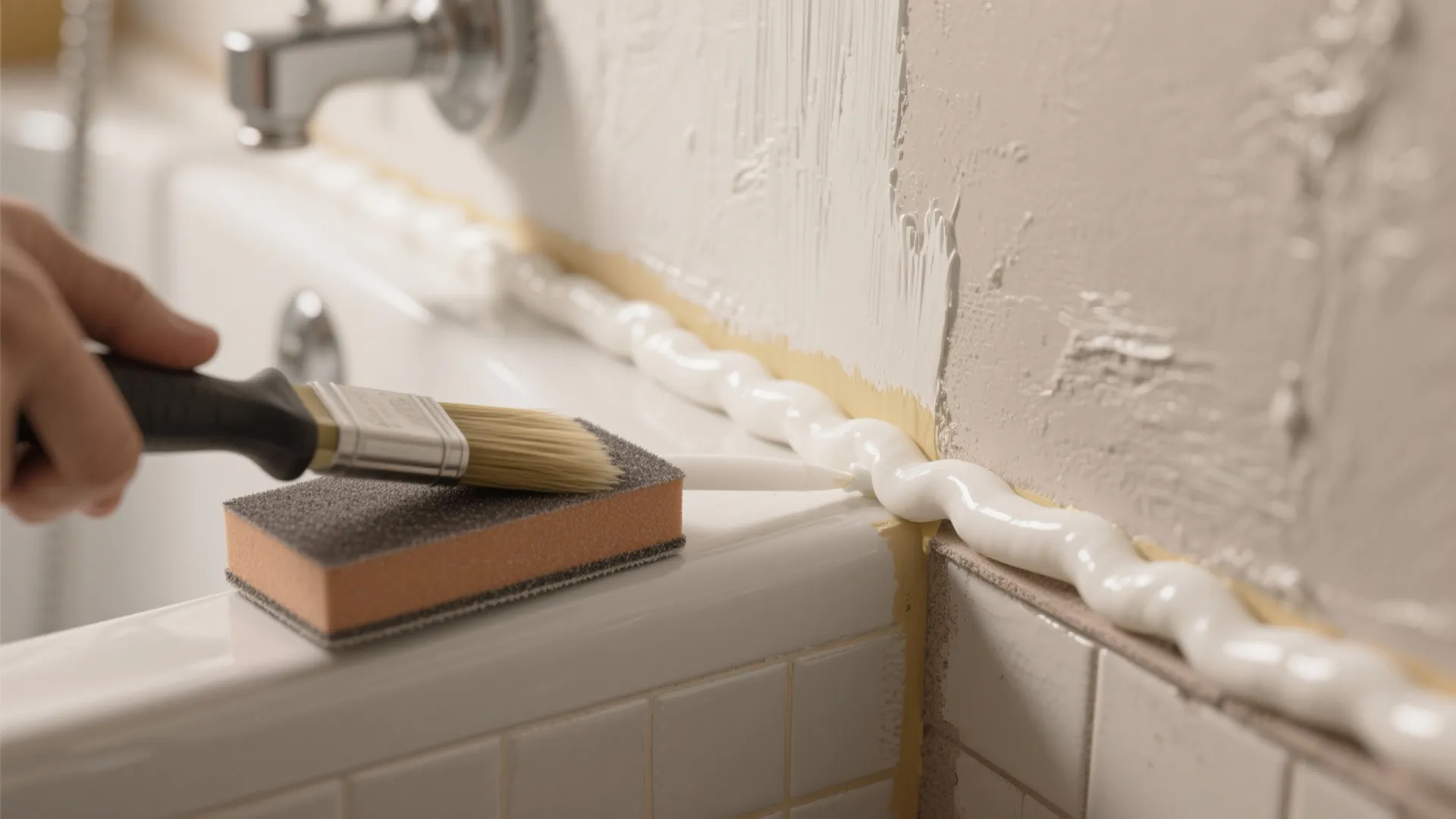 Macro view of caulking and sanding during bathroom prep to prevent future paint problems