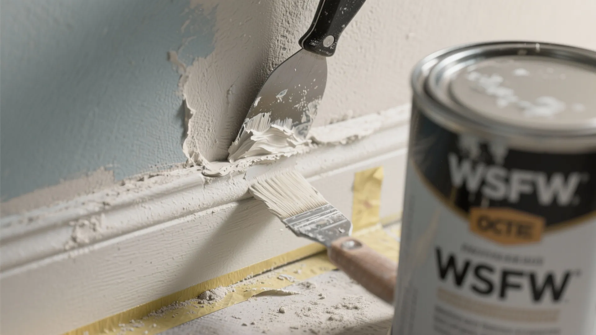 Applying wall filler with a metal scraper tool next to a paint can and brush