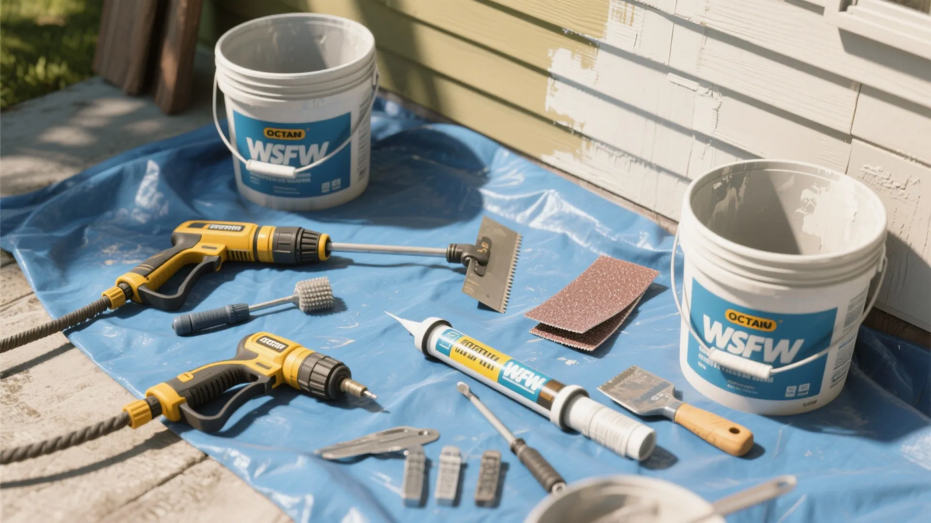 Various house painting tools including paint buckets drills sandpaper and glue on a blue plastic sheet
