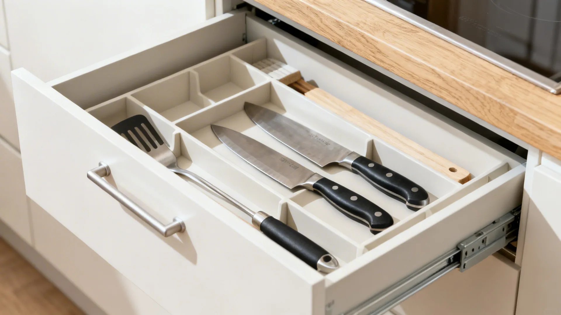 Macro view of a neatly organized prep drawer with knives and tools in a U-shaped kitchen.