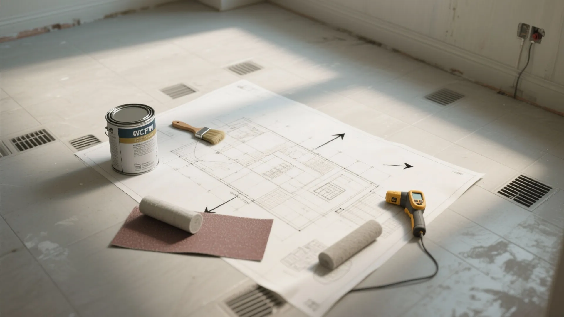 Interior design drawing on floor with paint can brush sandpaper roller and handheld sensor tool