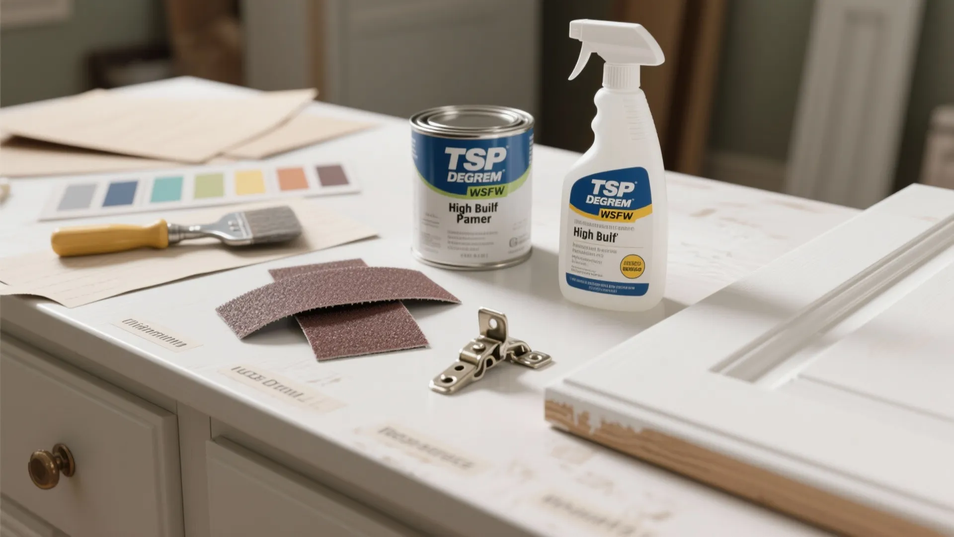 Close-up of cabinet prep items including degreaser, sandpaper, primer and paint swatches on a tidy table.