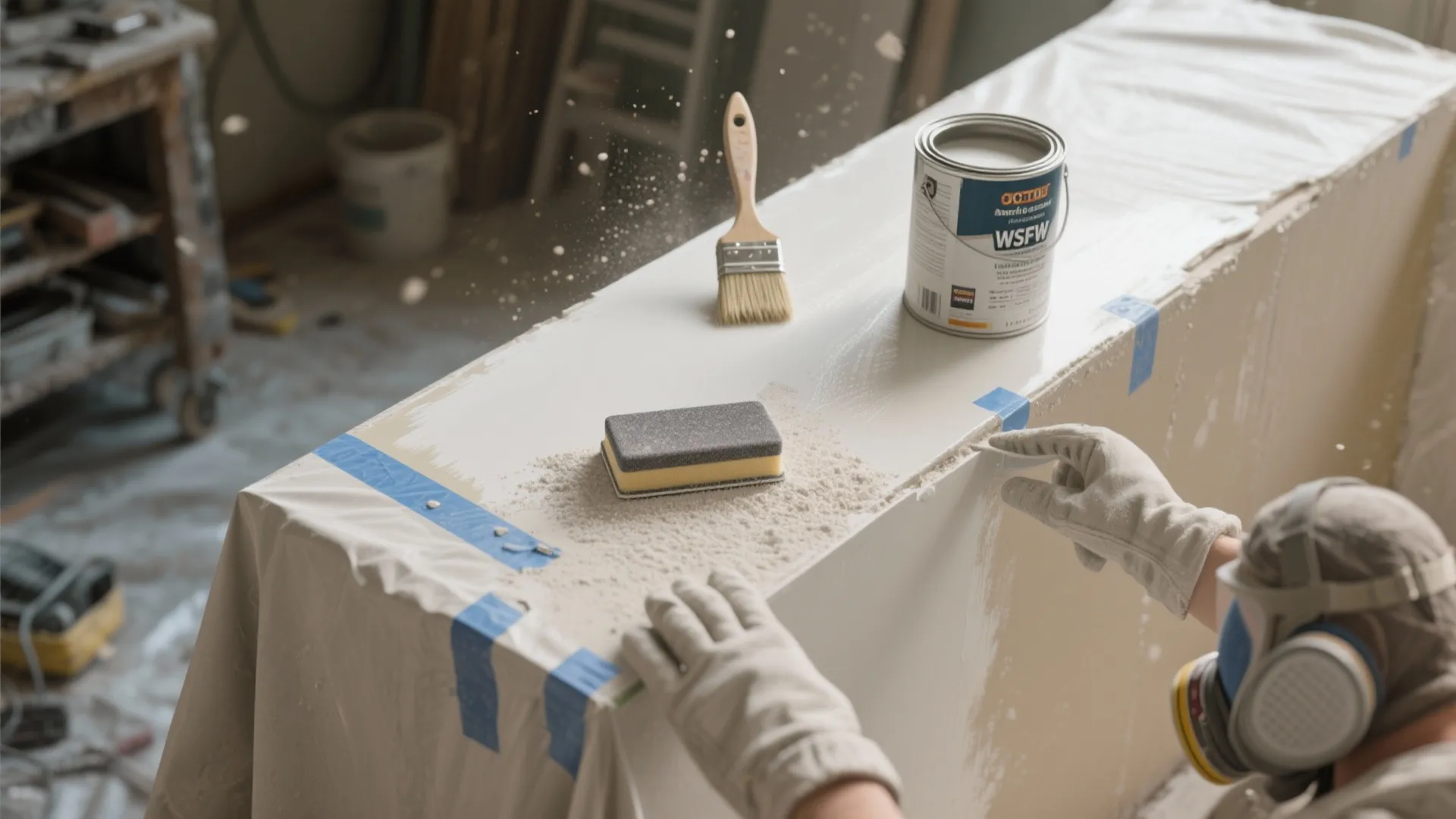Worker wearing protective mask and gloves sanding a white surface next to a paint can