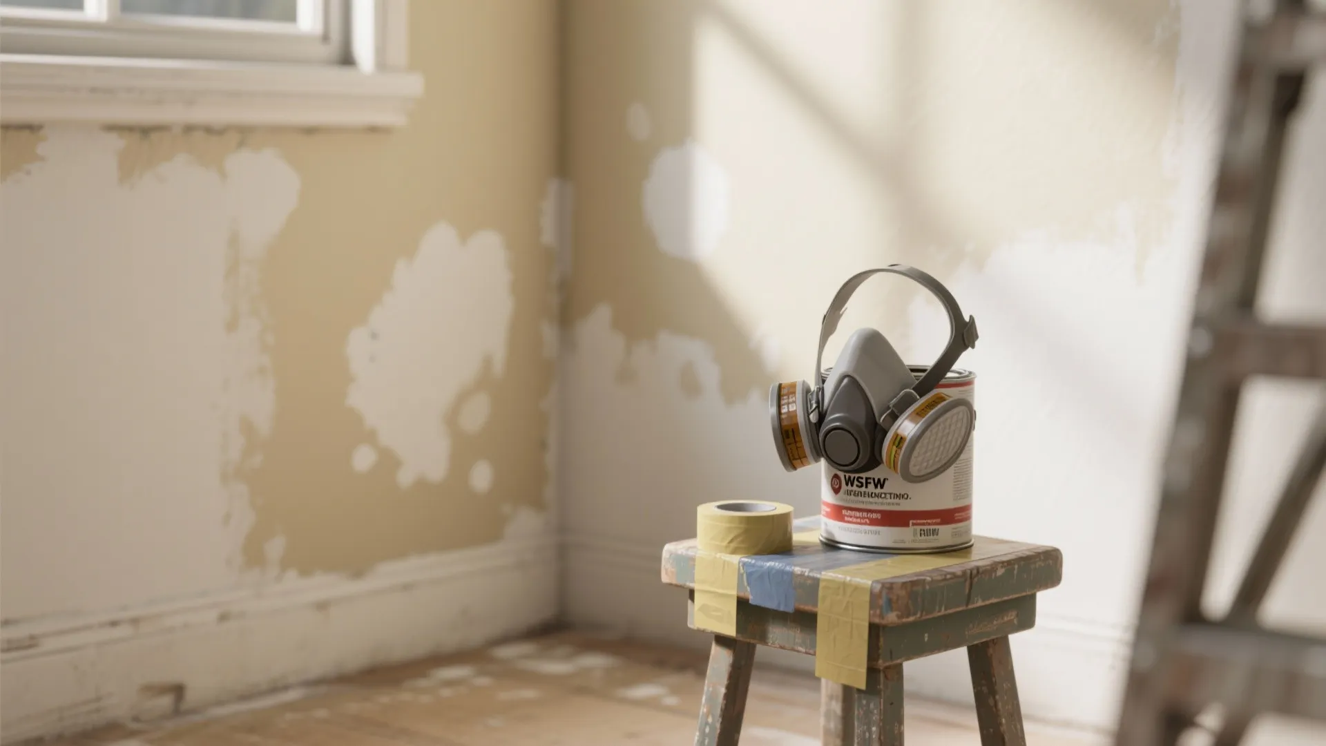 Safety mask on paint can with tape sitting on wooden stool near peeling room walls