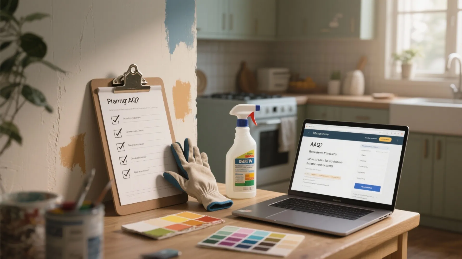 Laptop showing FAQ page next to checklist and cleaning spray on wooden table in kitchen