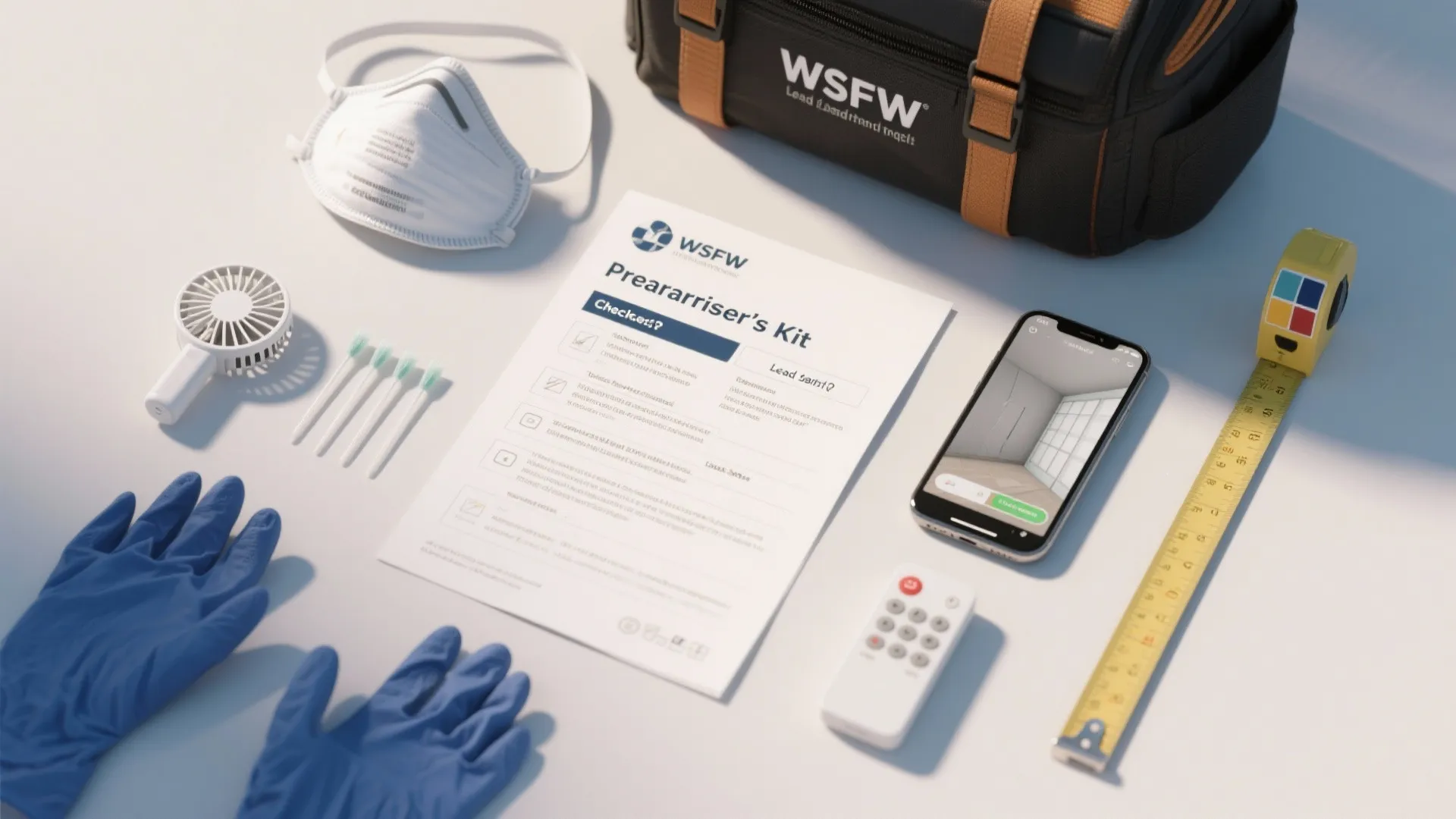 Interior design prep kit with a checklist mask gloves phone measuring tape and tool bag