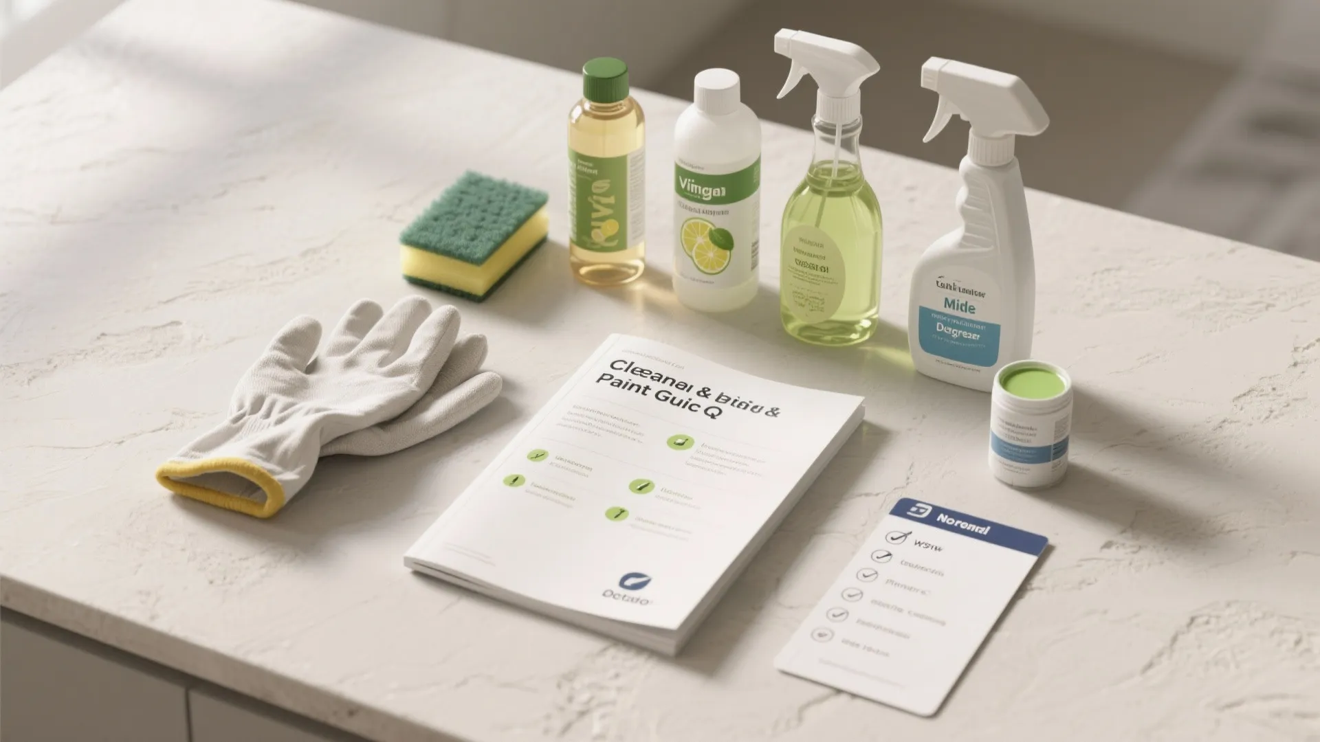 Cleaning supplies including spray bottles sponge glove and instruction guide on a white marble countertop