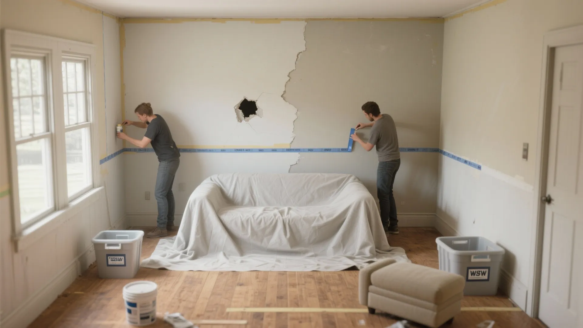 Painters taping trim and patching holes in a 12x12 room during fast prep work.