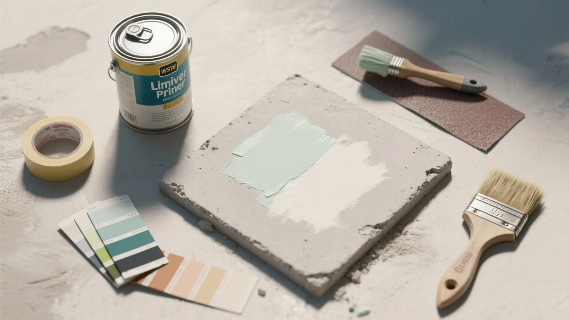 Top-down flatlay of paint prep tools and a 1x1 foot cement mock-up with swatches and primer tools.