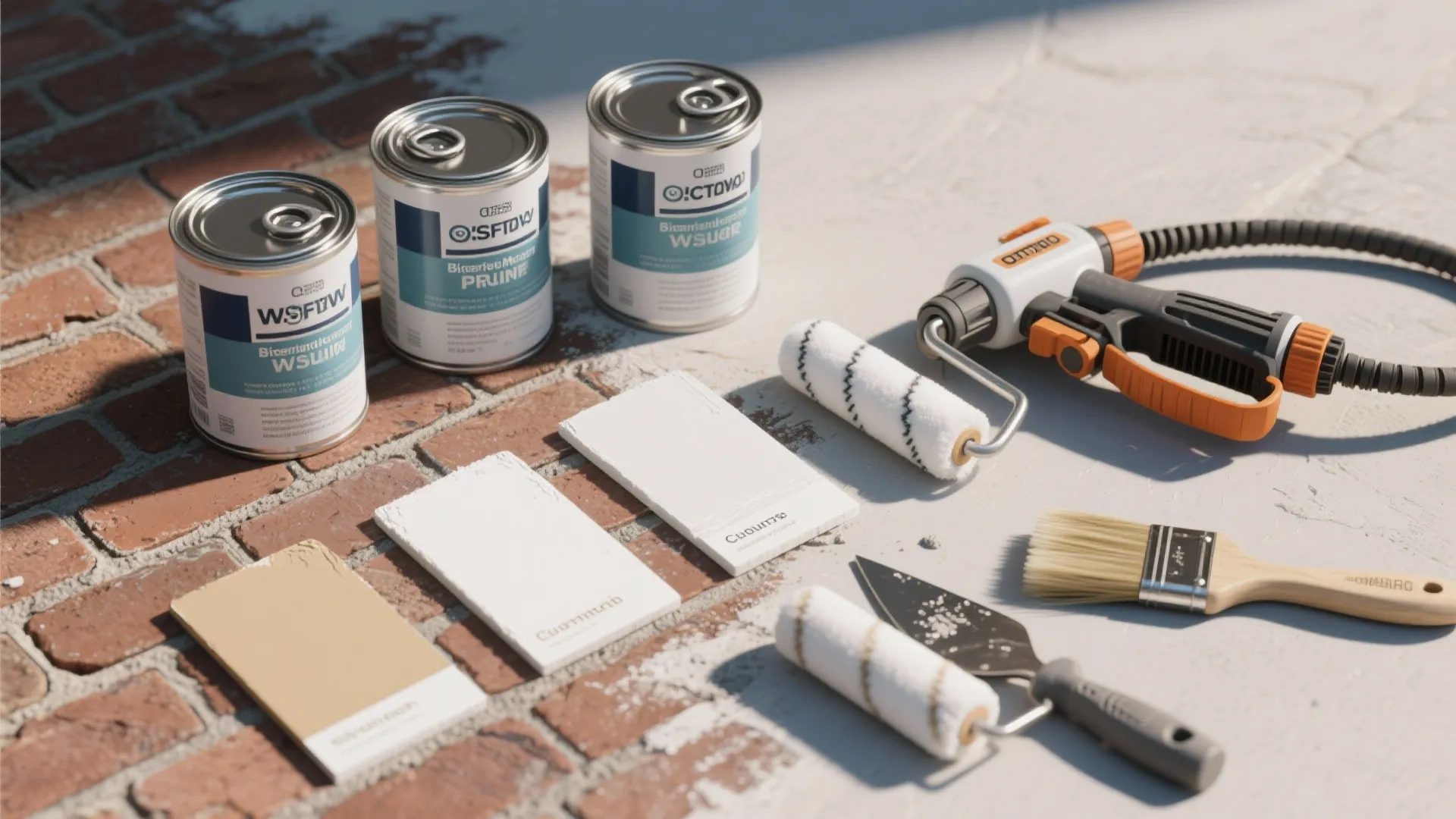 Home renovation tools including paint cans paint rollers brush and spray gun on a brick surface