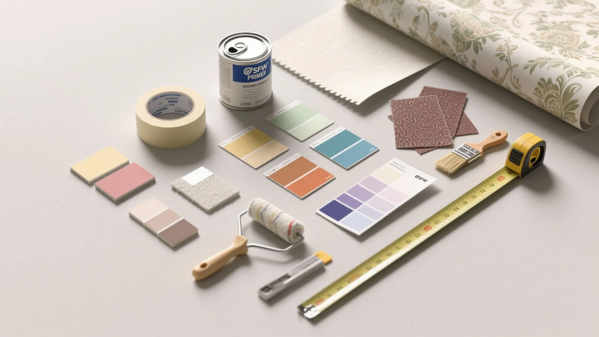 Top-down flatlay of painter's tape, swatches, primer, brushes and wallpaper sample for prep guidance.