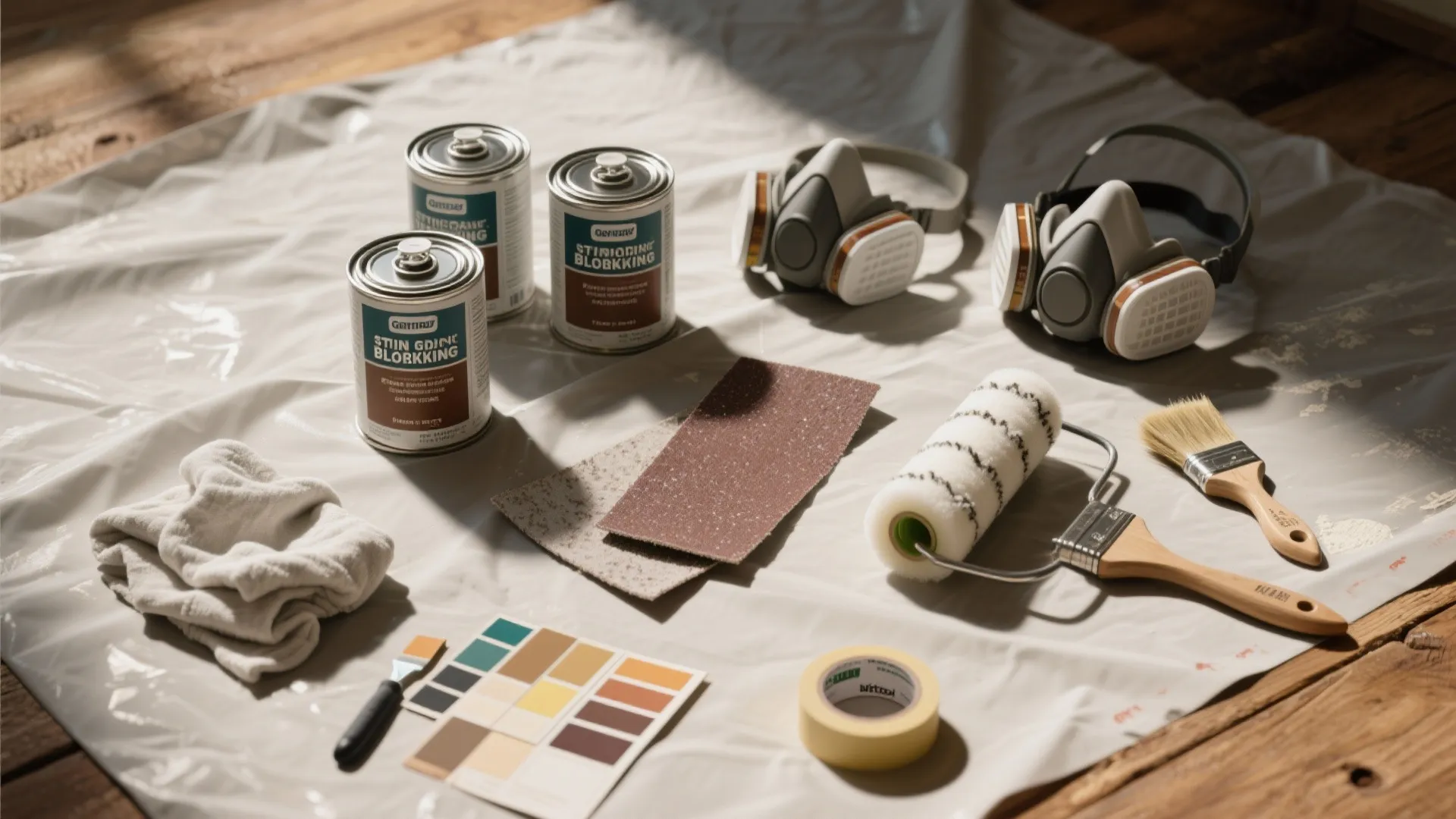 Top-down flatlay of primer, brushes, sandpaper and test swatches used to prepare knotty pine for painting.