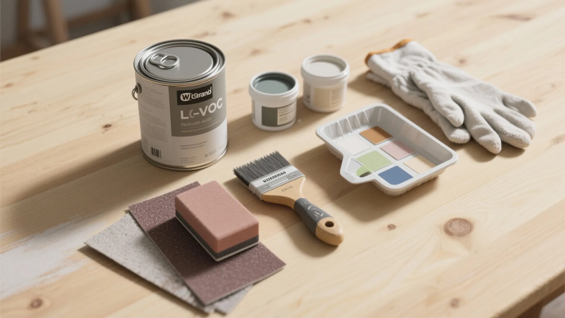 Top-down flatlay of sanding tools, primer, sample paint pots, and swatches for prepping surfaces.