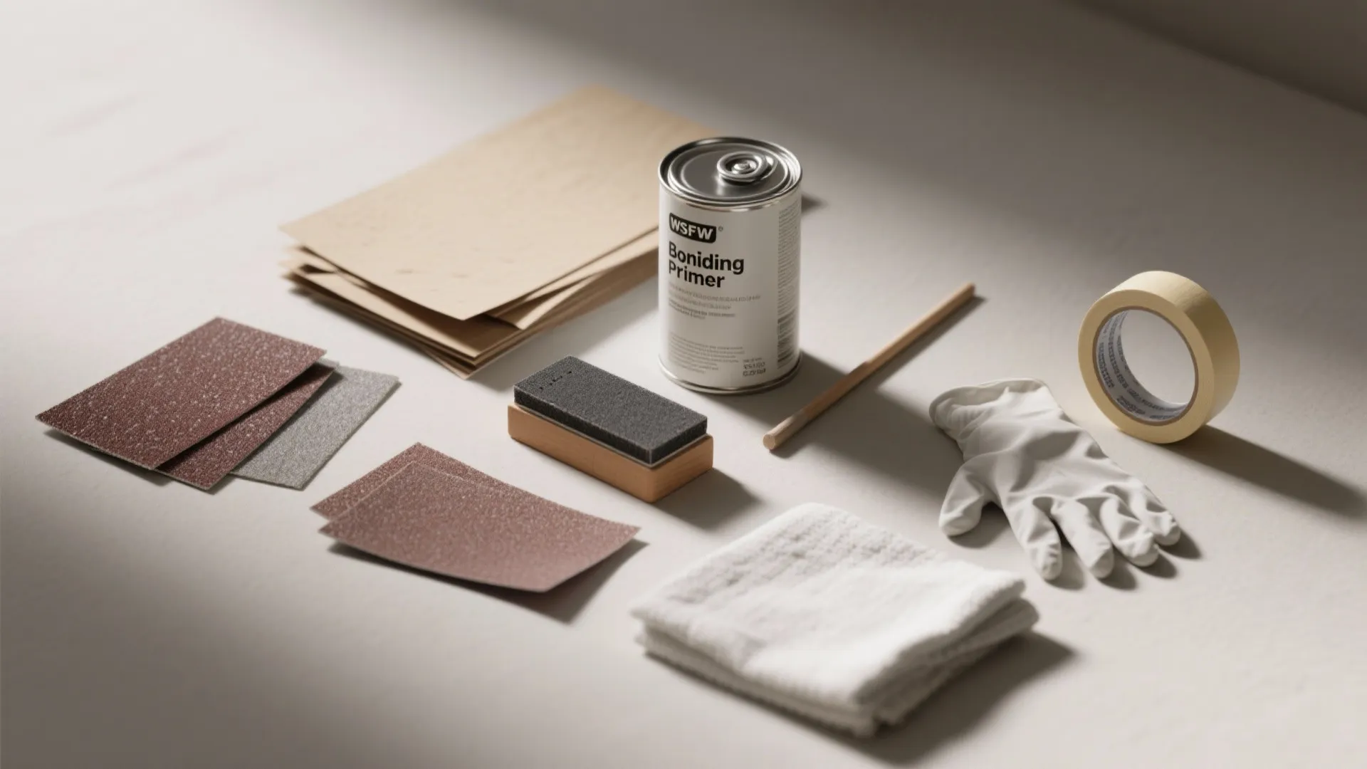 Top-down flatlay of sanding tools, bonding primer, tack cloth and painter's supplies for furniture prep.