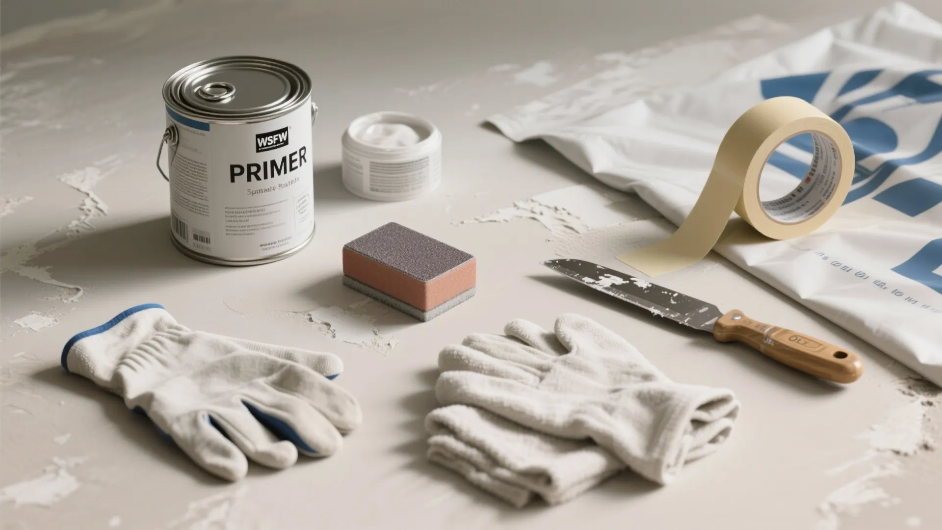 Various painting tools including primer can white gloves sanding sponge tape and small metal scraper