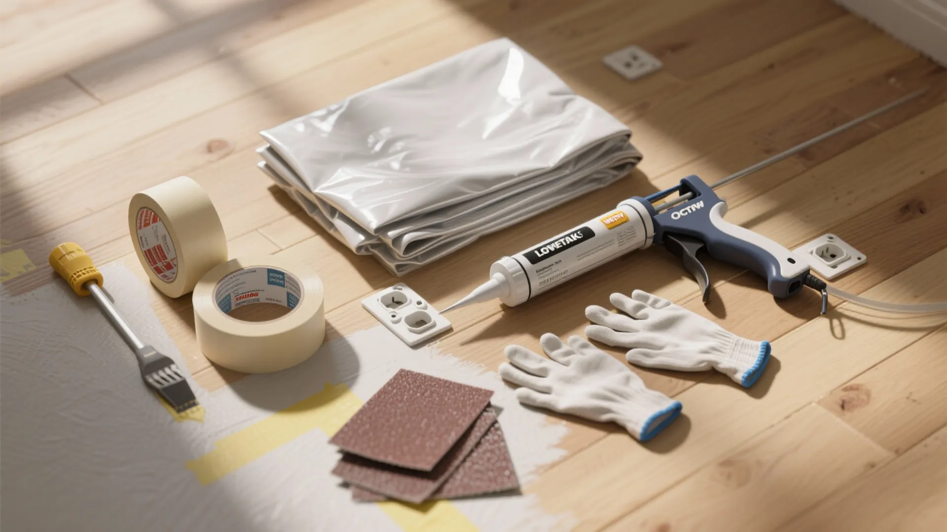 Top-down flatlay of painting prep items: tape, sheeting, caulk gun, sandpaper and outlet covers.