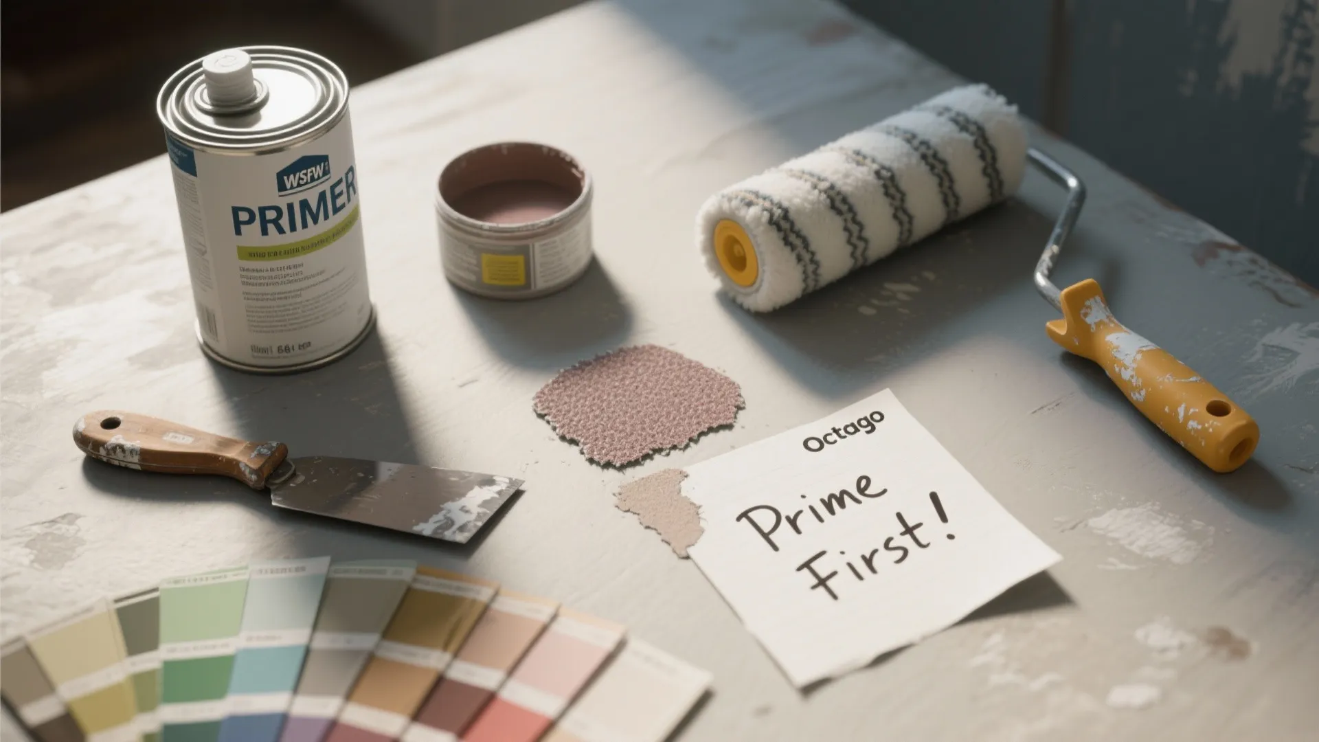 Table with paint primer can paint roller color swatches and note saying prime first tutorial