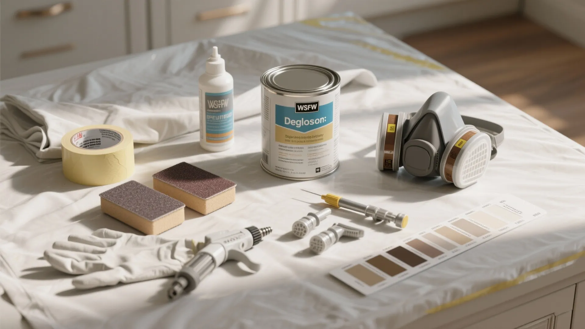 Painting supplies including deglosser can mask gloves tape and color swatches on a white table