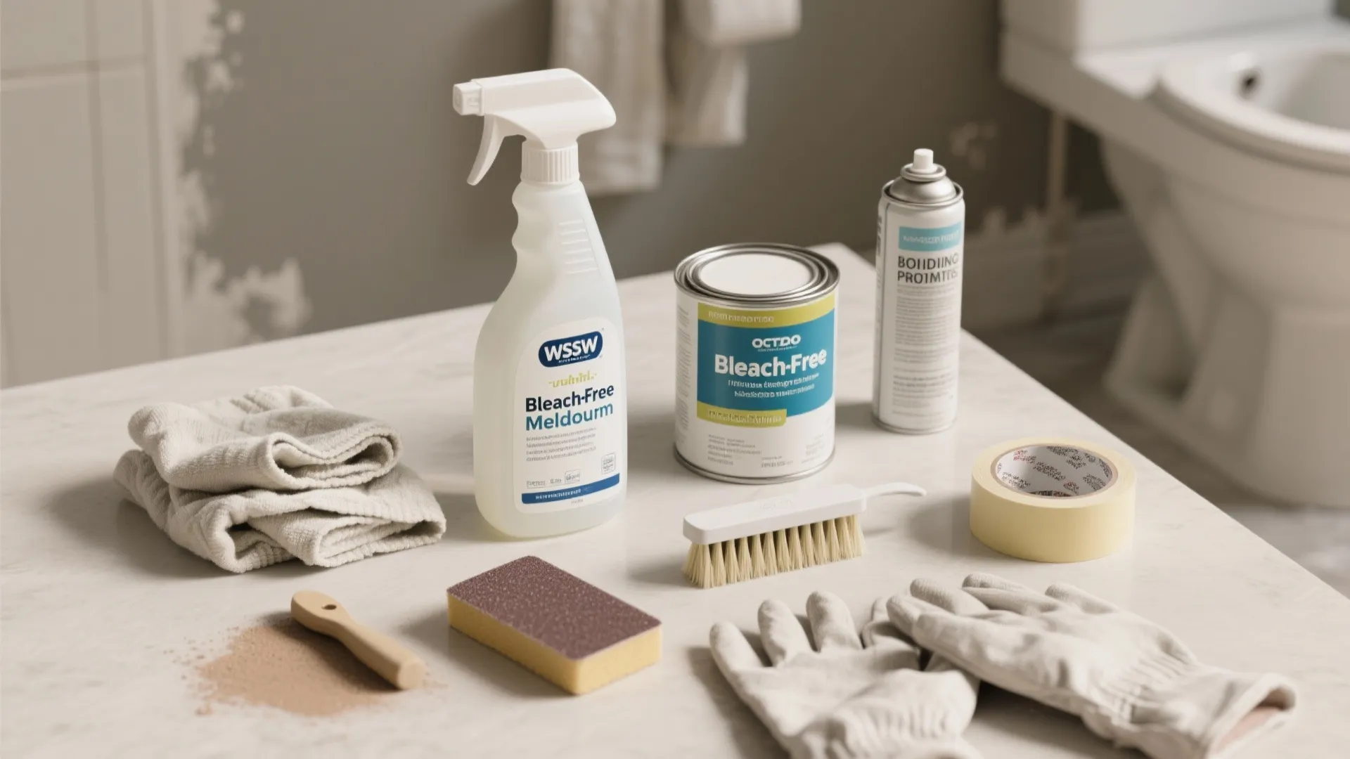 Various cleaning and repair tools like spray bottle paint can brush gloves on bathroom counter
