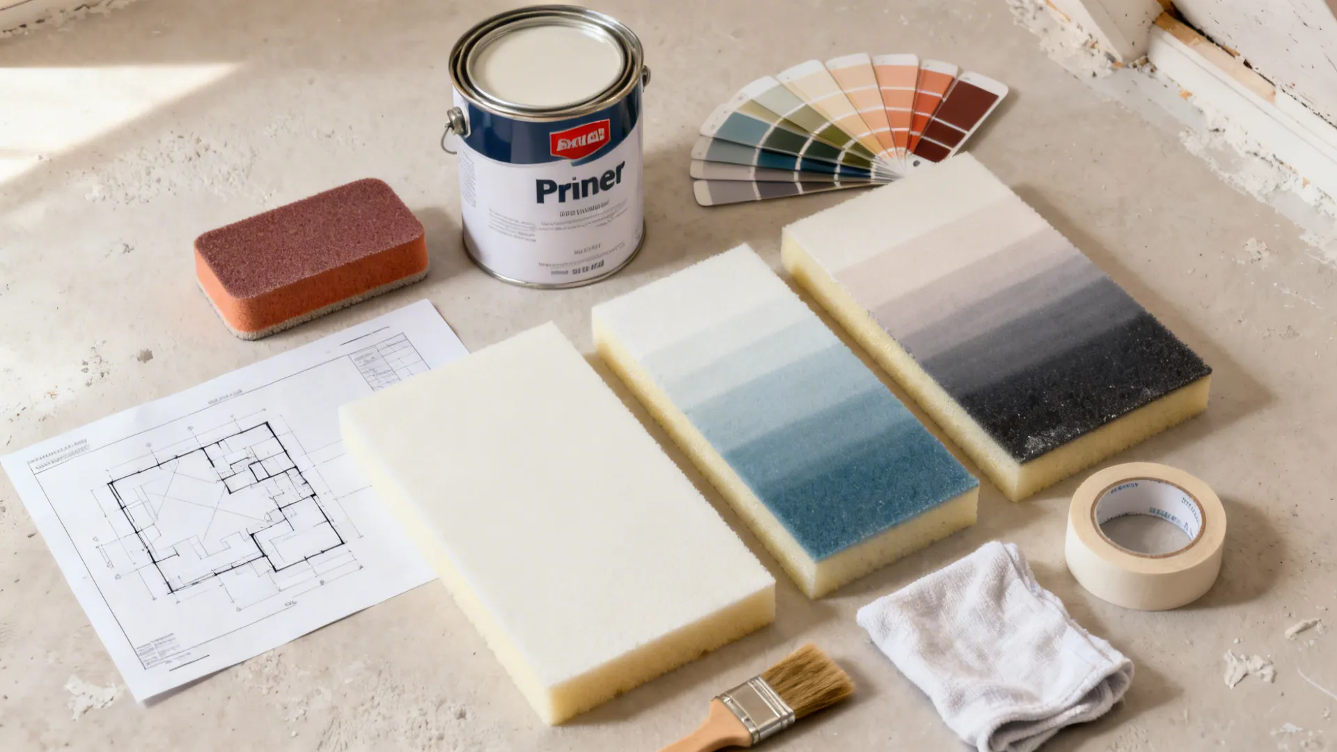 Flatlay of painting prep tools and color swatches for an attic slanted ceiling project