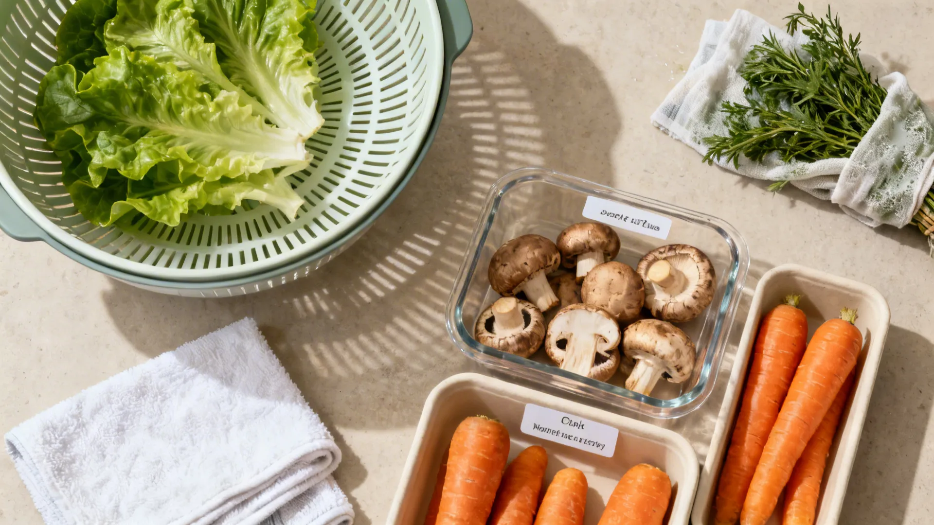Top-down view of a prep workflow with salad spinner, drying towels, and clear labeled vegetable portions.
