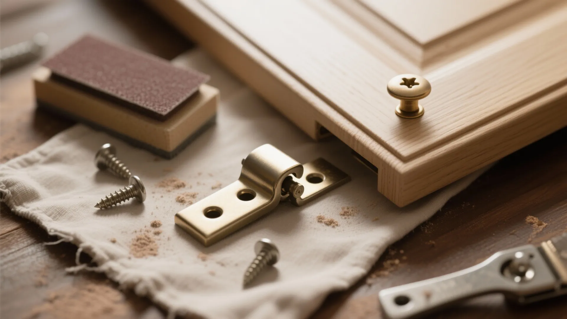 Cabinet door repair tools with metal hinge screws sanding block and gold handle on table