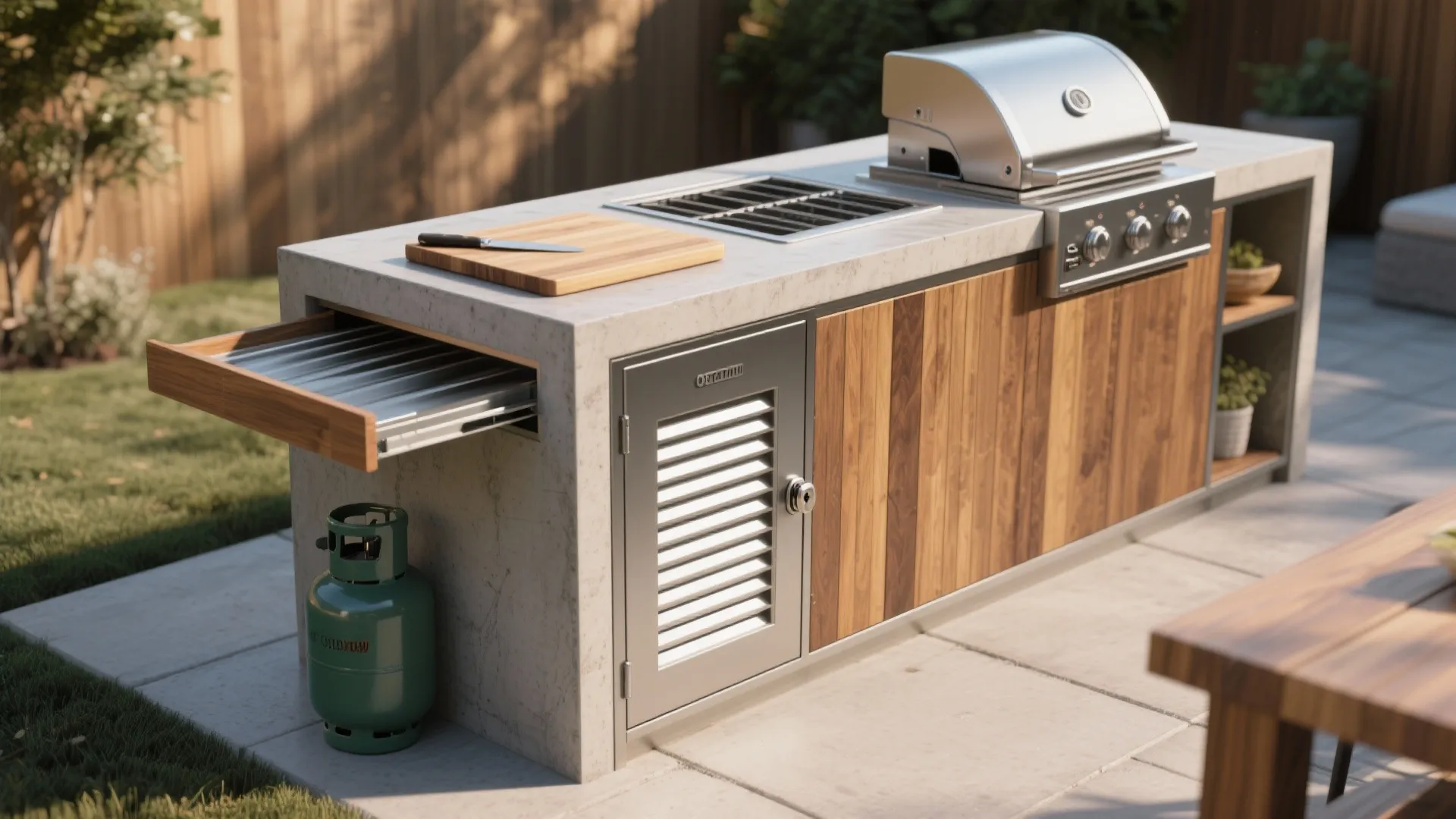 Outdoor kitchen island with built-in grill wood cabinets stone countertop and green gas tank outside