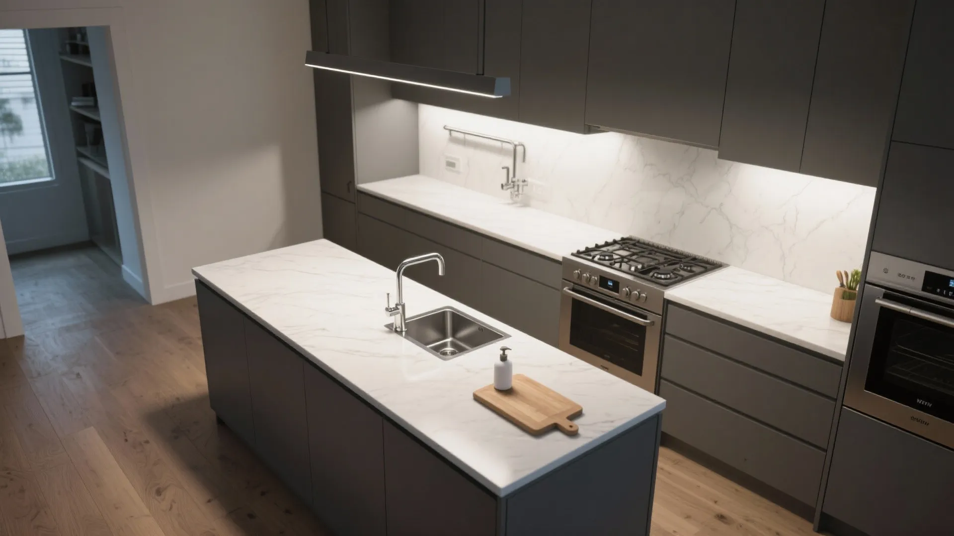 Slim prep island with a prep sink in a narrow galley kitchen improving workflow.